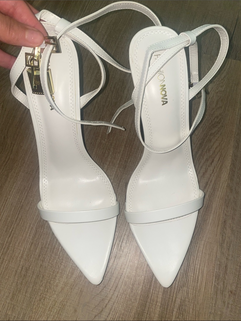 Fashion Nova White Pointed Toe Ankle Strap Heels with Gold Buckle